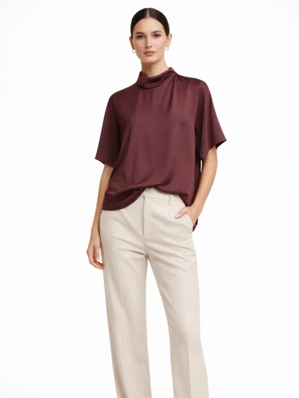 Vince silk blend Burgundy Mock Neck Flutter Sleeve Blouse xl - Picture 1 of 9